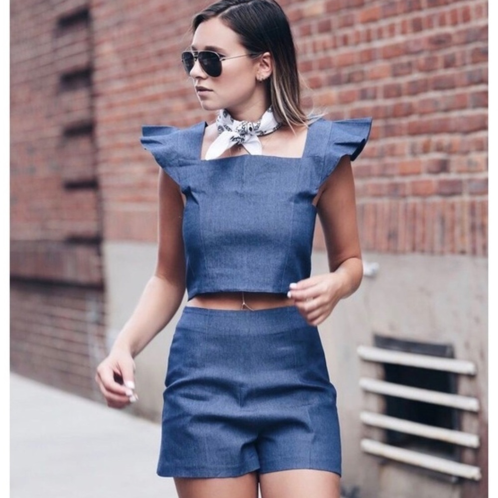 Pixie Market Ruffled Denim High Waist Matching Set